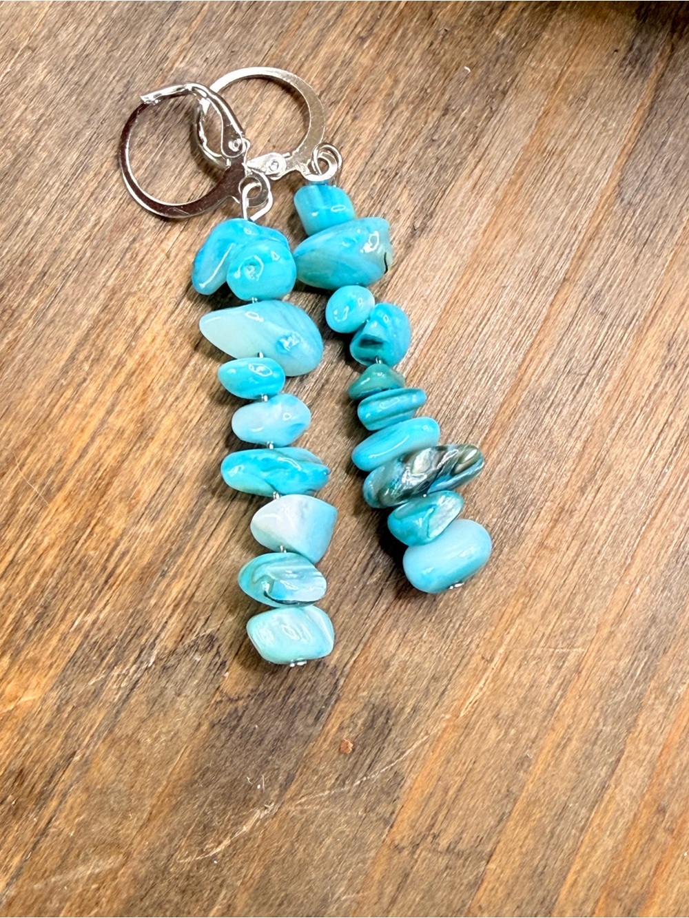 Turquoise  blue shell Chip Dangle Earrings - Bright Blue Bead Stack